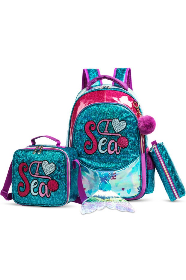 - 17" School Bag Lunch Bag Pencil Case Set of 3 Mermaid Sea - Green