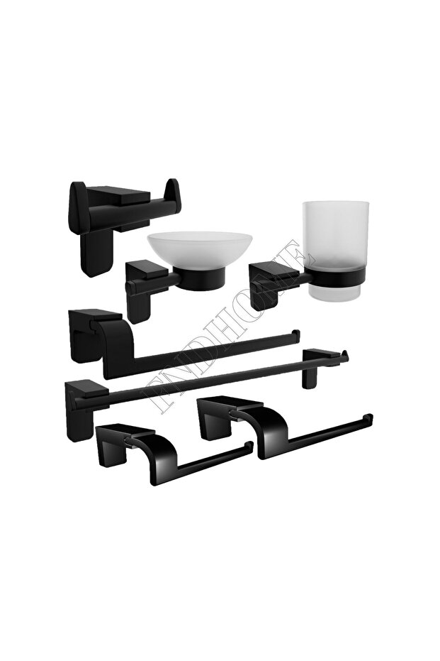 Black Lux 7-Piece Bathroom Set Open WC, Robe Hanger, Solo Paper Towel Holder, Long Towel Holder
