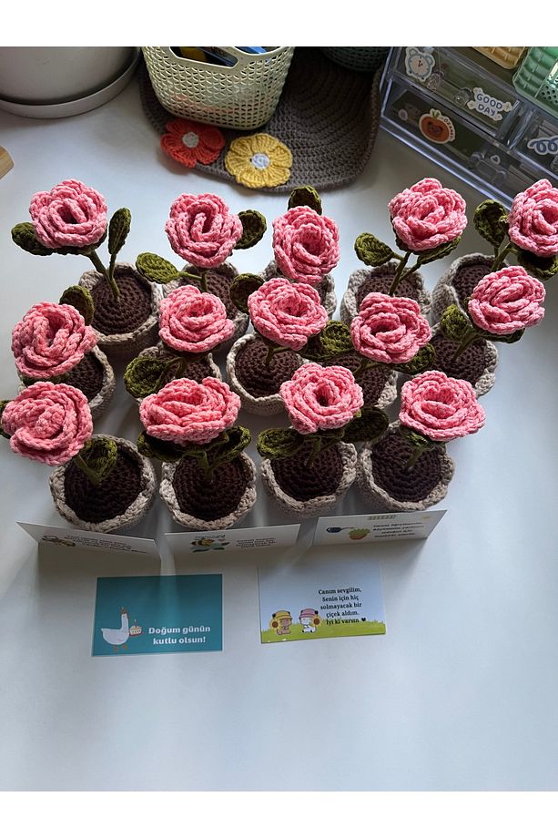 Örgü Pembe Gül Saksı Çiçek, Solmayan Gül, El Yapımı Örgü Çiçek, Anneye, Sevgiliye, Öğretmene Hediye - 8