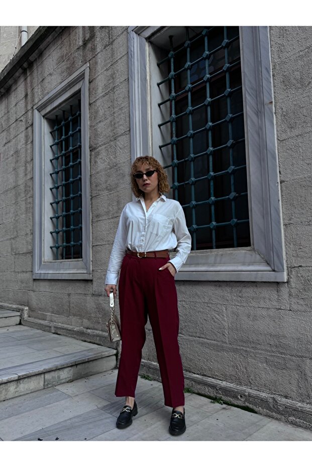 Belted Carrot Cut Fabric Trousers