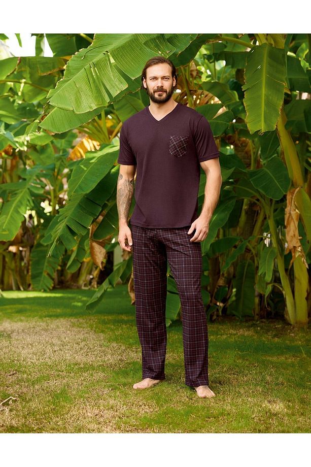 Lodos Store Aydoğan Erkek Süprem V Yaka Kısa Kollu Ekose Desenli Pamuklu Pijama Takımı Bordo - 2