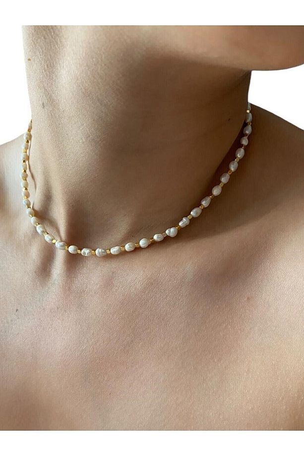 Küçük Inci ,3 Mm Gerçek Arpa Kum Inci Choker , Kolye Kare Altın Rengi Boncuklu Gerçek Inci Kolye - 6