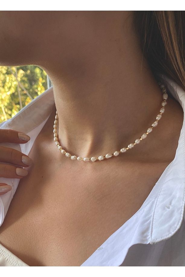 Küçük Inci ,3 Mm Gerçek Arpa Kum Inci Choker , Kolye Kare Altın Rengi Boncuklu Gerçek Inci Kolye - 1