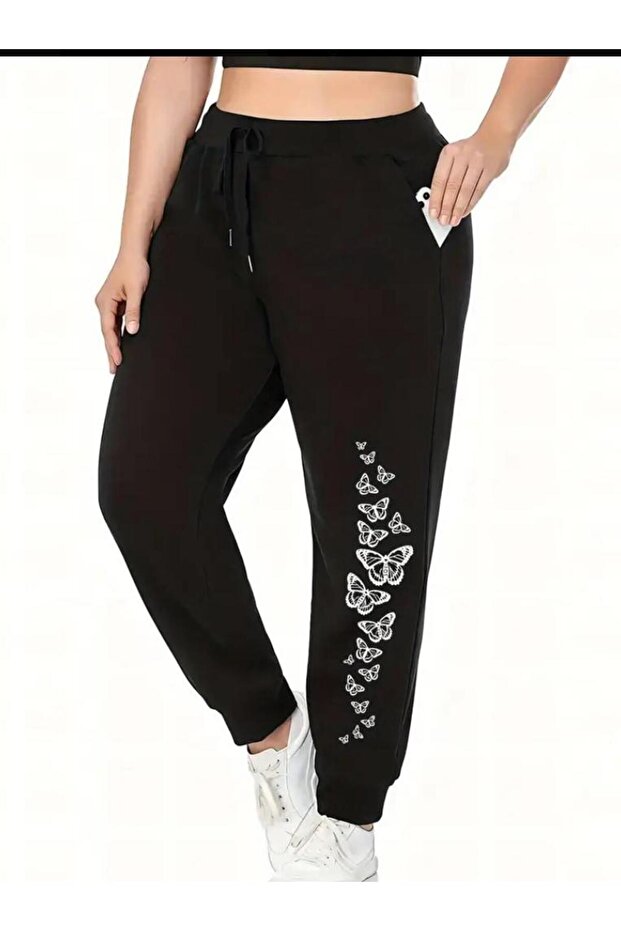 Women's Butterfly Printed Jogger Comfort Fit Fit Black Sweatpants