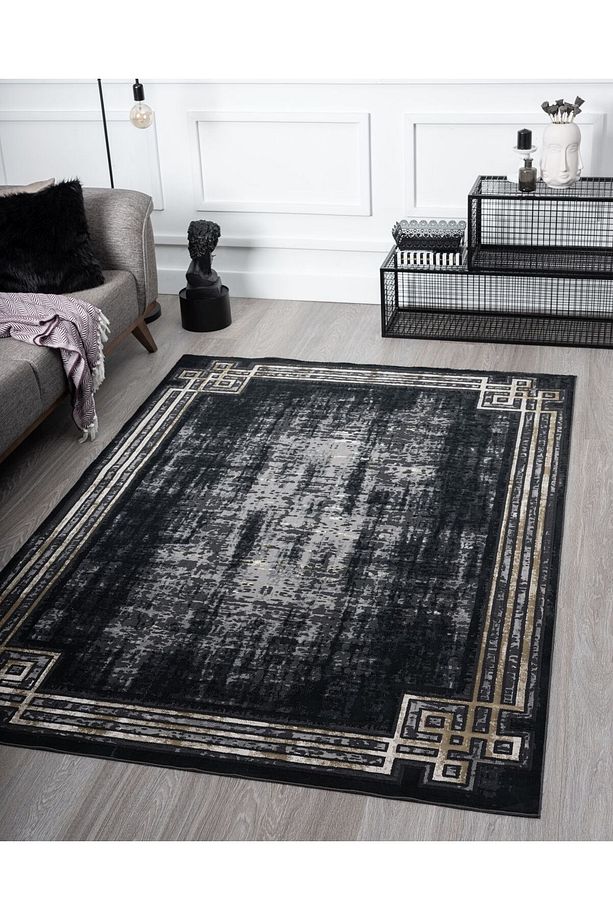 Modern Desenli  Yumuşak Tuşeli  Siyah Salon Oturma Odası Halısı - 1