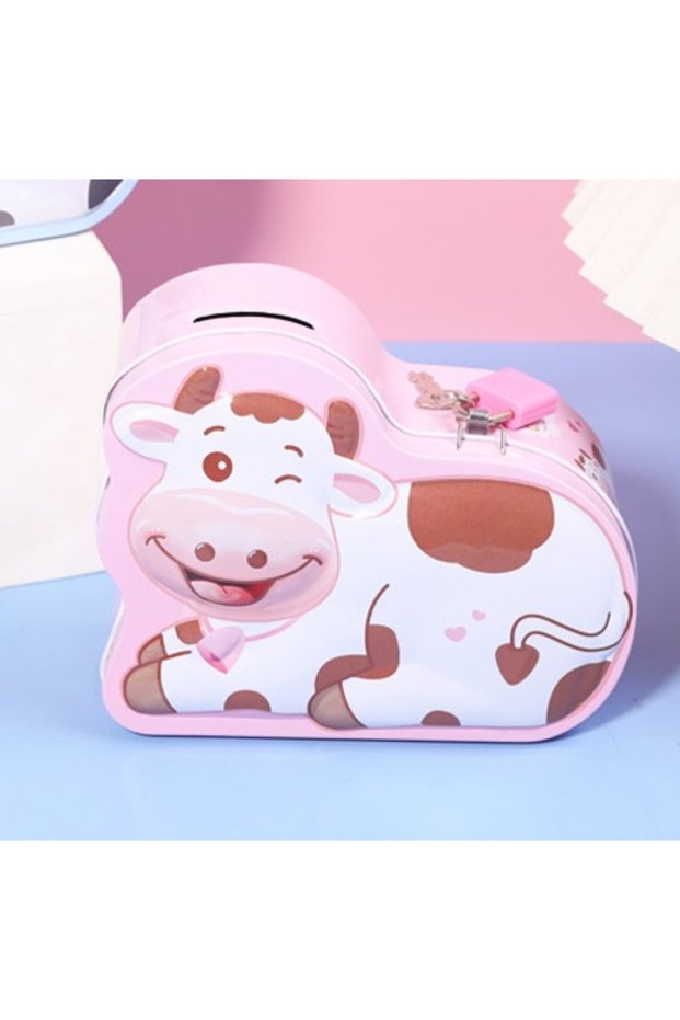 Cute Cow Metal Piggy Bank with Bag and Lock, Pink, 15X12-