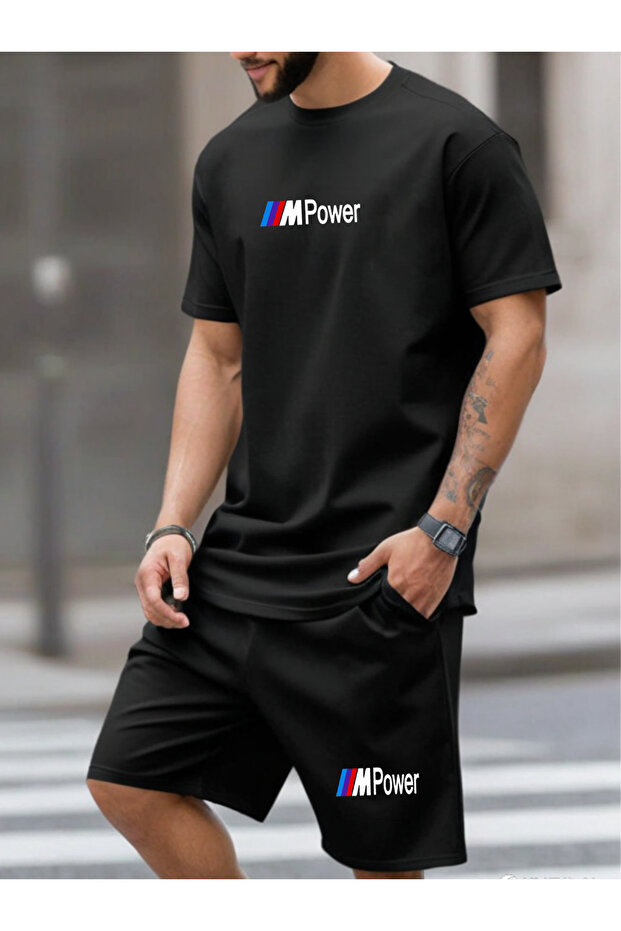 طقم تي شيرت وشورت أسود للرجال مكون من قطعتين POWER