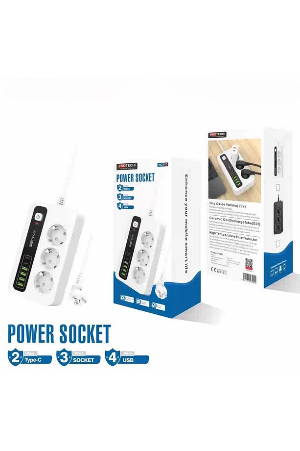 3 Lü PRİZ 3X Soket Termal Akım Korumalı Power Tuşlu 4x USB 2x Type-C Çıkışlı Kablolu Çoklu Priz - 4