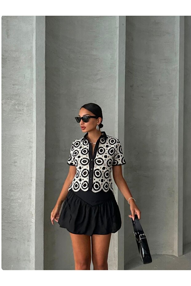 HAM SİYAH DANTEL GÖMLEK - 5