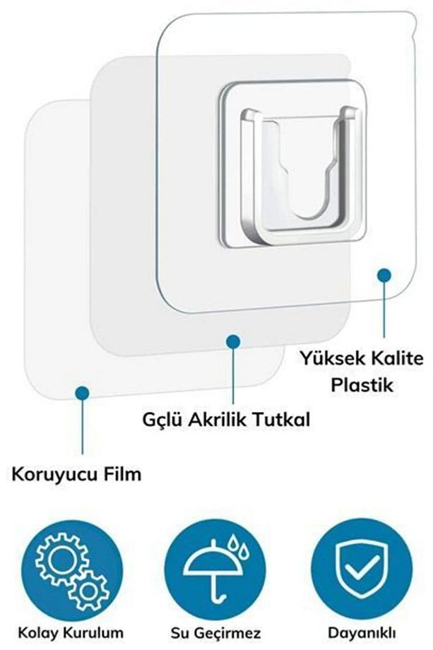 2 Li Set Eşya Sabitleme Askısı Yapışkanlı Geçmeli Klips Banyo Mutfak Duvar Tablo Saat Aksesuar Askı - 3