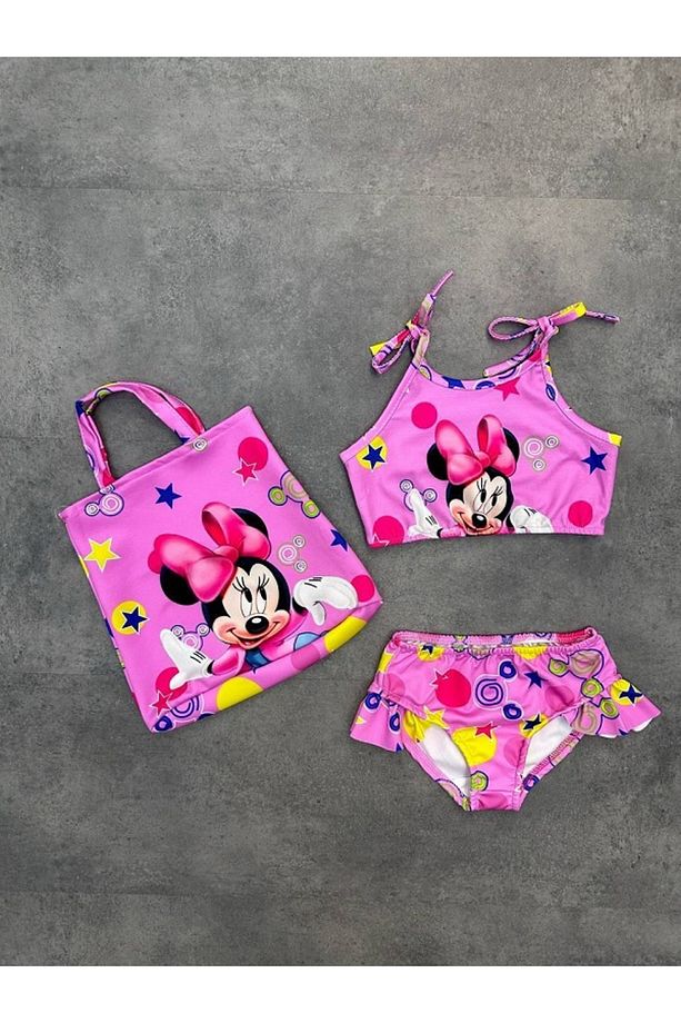 Kız Çocuk Ve Bebek Mickey Mouse  Desenli Hızlı Kuruyan 3 Parça Alt Üst Mayo Ve Çanta Takımı - 1