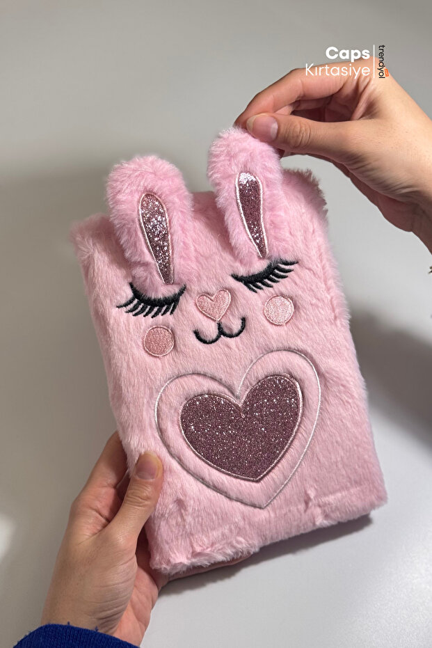 Pink and White Rabbit Book - A5, 160 Sheets, Plush and Heart, Cute and Soft Cover