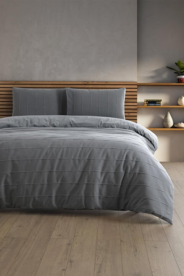 Anthracite Sedef Duvet Cover Set - 100% Cotton Double Duvet Cover Set - with Sheets