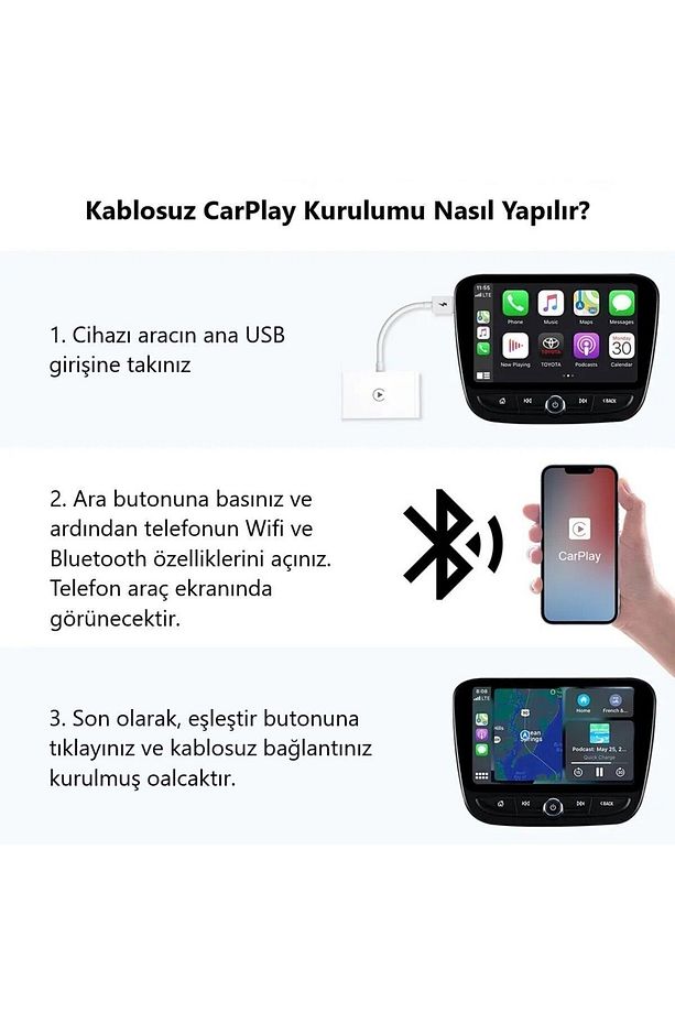 Kablosuz Carplay Android Auto Adaptörü Apple iPhone ve Android Destekli 2si1 Arada Tak Çalıştır USB - 8