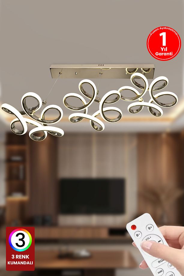Orkide Üçlü 3 Renk Kumandalı Led Avize Gümüş Salon Avize Salon Avize Oturma Odası Avize - 3