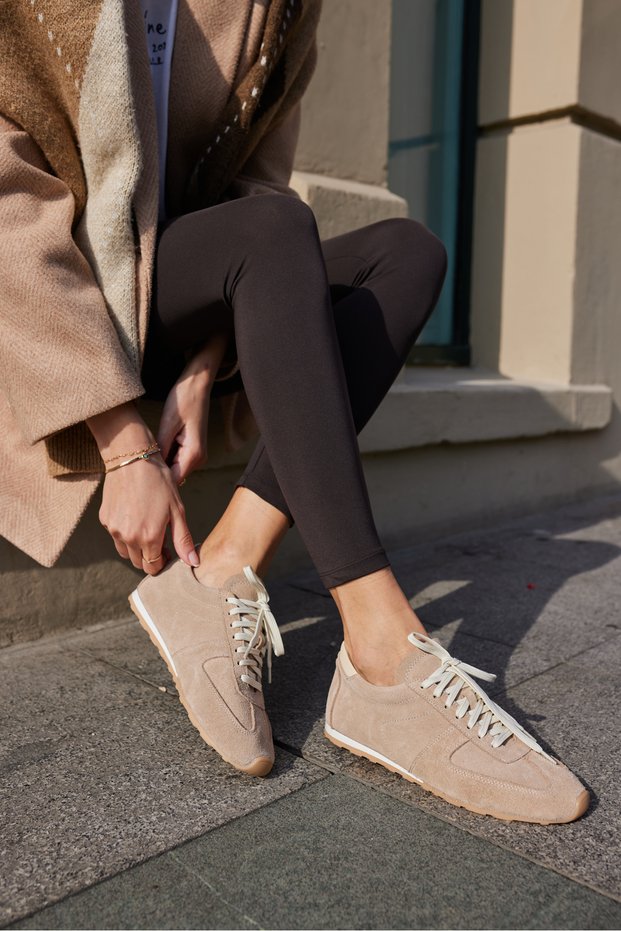 Tores Women Beige Real Leather Suede Lace-Up Sneaker