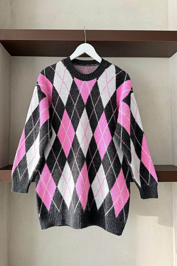 yumuşak Dokulu Ekose Desenli Kazak - Pembe - 1