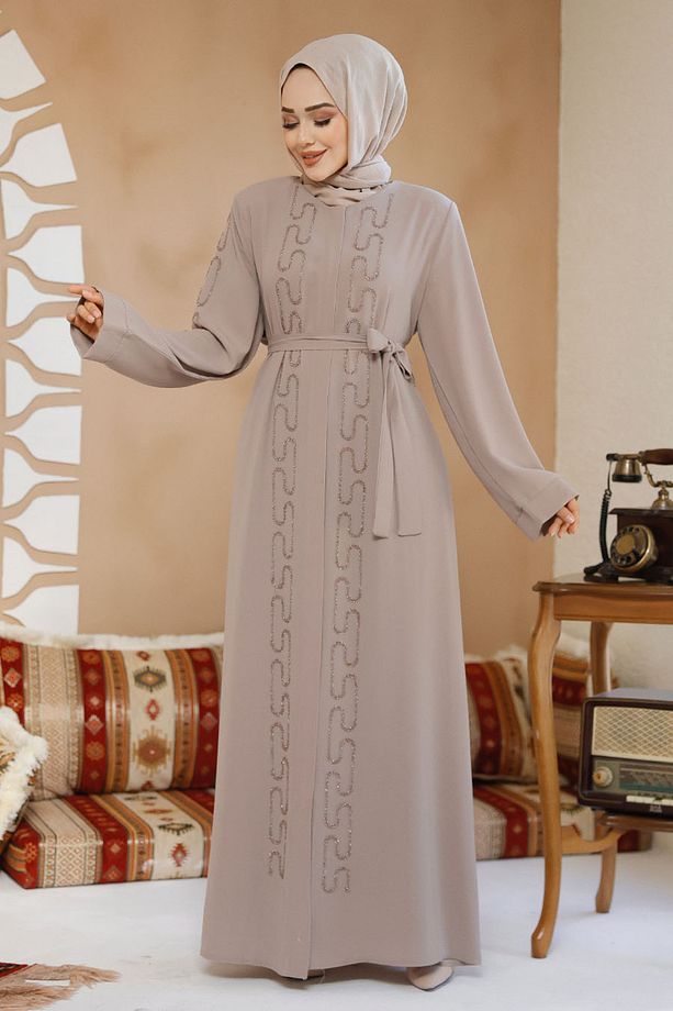 Boncuk İşlemeli Bej Tesettür Abaya 29118BEJ - 5