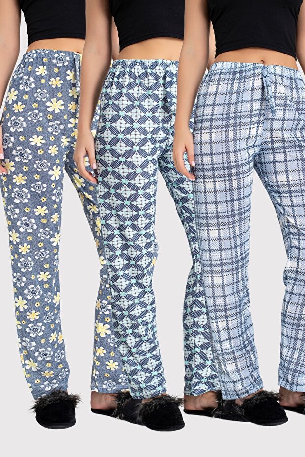 Balenie 3 kusov bavlnenej tenkej priedušnej látky so stuhou v páse s detailnou potlačou, dámske pyžamové spodky bez vrecka - 5