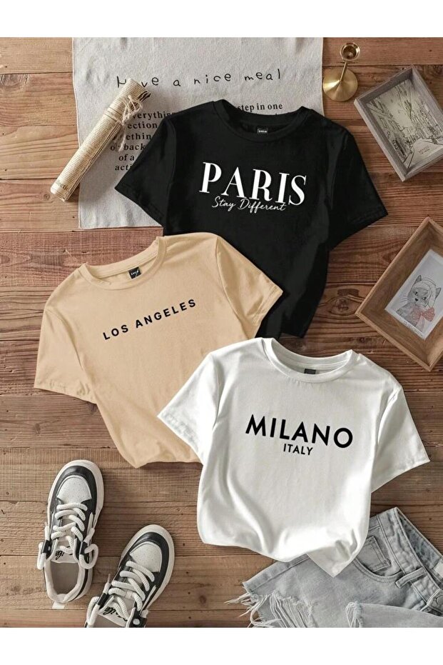 Women's Paris Milano Printed 3-Piece Crop T-Shirt Set