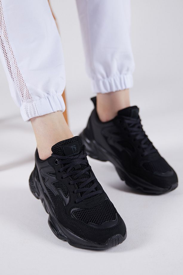 Unisex Siyah Rahat Kalıp Yüksek Taban Bağcıklı Spor Ayakkabı - 4