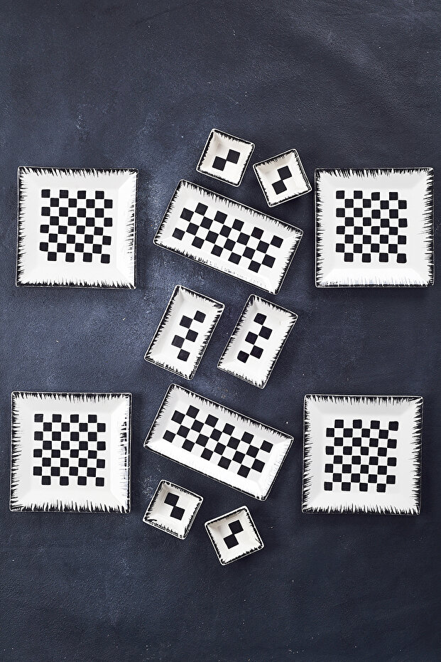 12 Pieces 4-Person Checkers Breakfast Set Handmade Breakfast Presentation Set Serving Plates