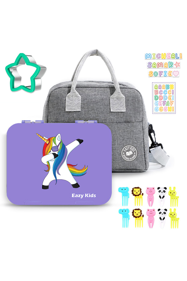 Eazy Kids Unicorn Purple 6 Compartment Bento Lunch Box w / Lunch Bag - Grey