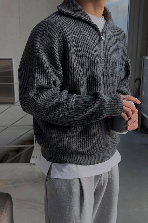 Füme Erkek Oversize Fermuarlı Balıkçı Triko Kazak - 6