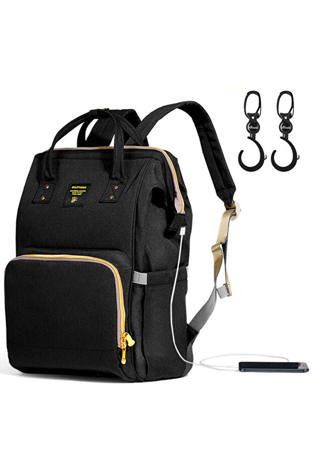 Diaper Bag with USB - Black + Hooks - 1