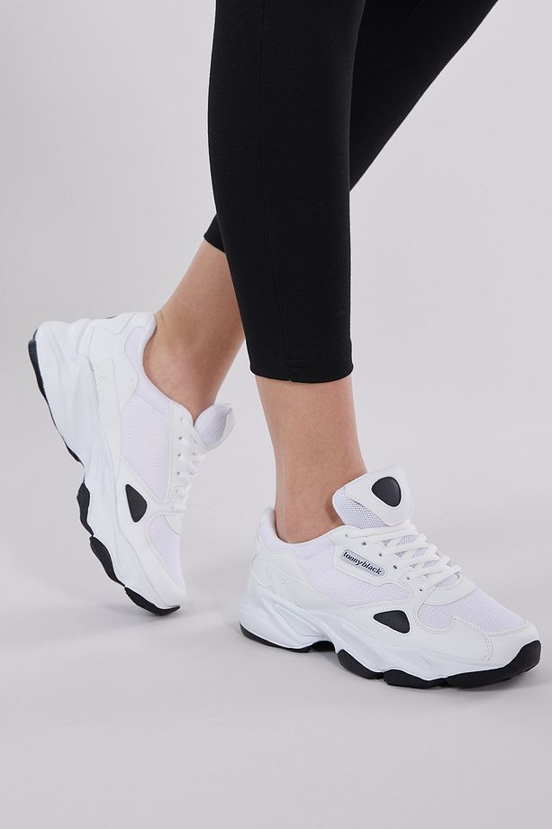 Unisex Beyaz Siyah Rahat Kalıp Yüksek Taban Bağcıklı Spor Ayakkabı - 3