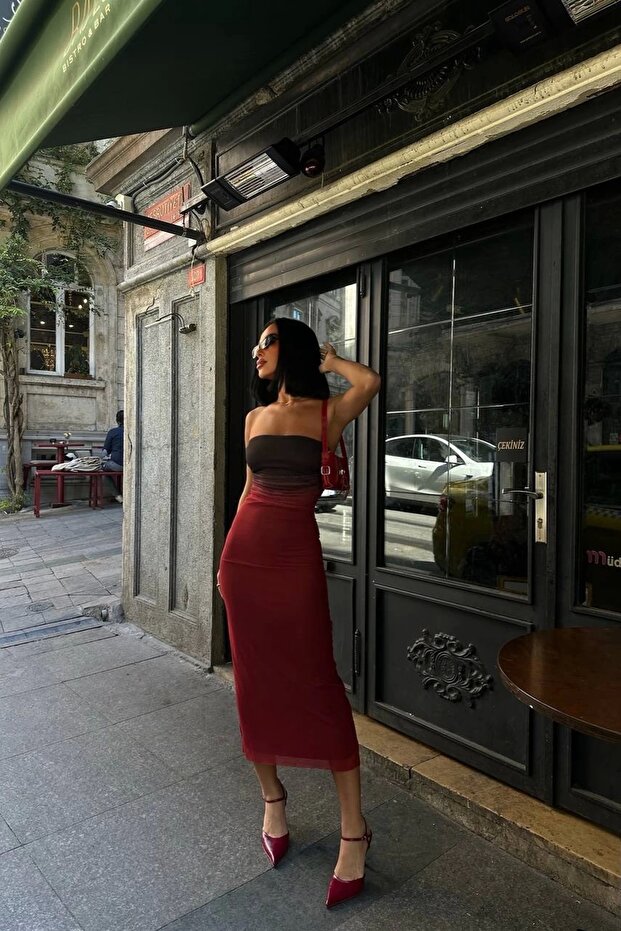 Renk Geçişli Tül Detaylı Uzun Elbise - 1