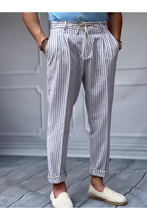 Men's Blue Linen Fabric Stripe Detailed Trousers