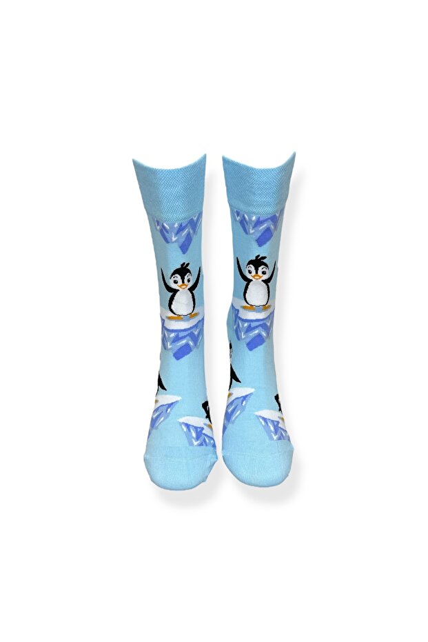 Tekli Unisex Penguen Desenli Mavi Renkli Esnek Nem Alabilen Pamuklu Çorap - 4