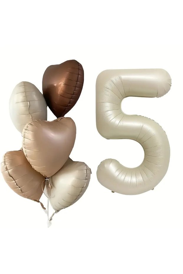 5 Year Old Retro Beige Age Balloon Set with Latte Beige Coffee Heart Retro Birthday Age Balloons