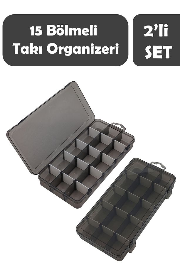 TAKI KUTUSU 2'li 15 Bölmeli Takı Kutusu Ayarlanabilir Takı Düzenleyici - Şeffaf Siyah - 2