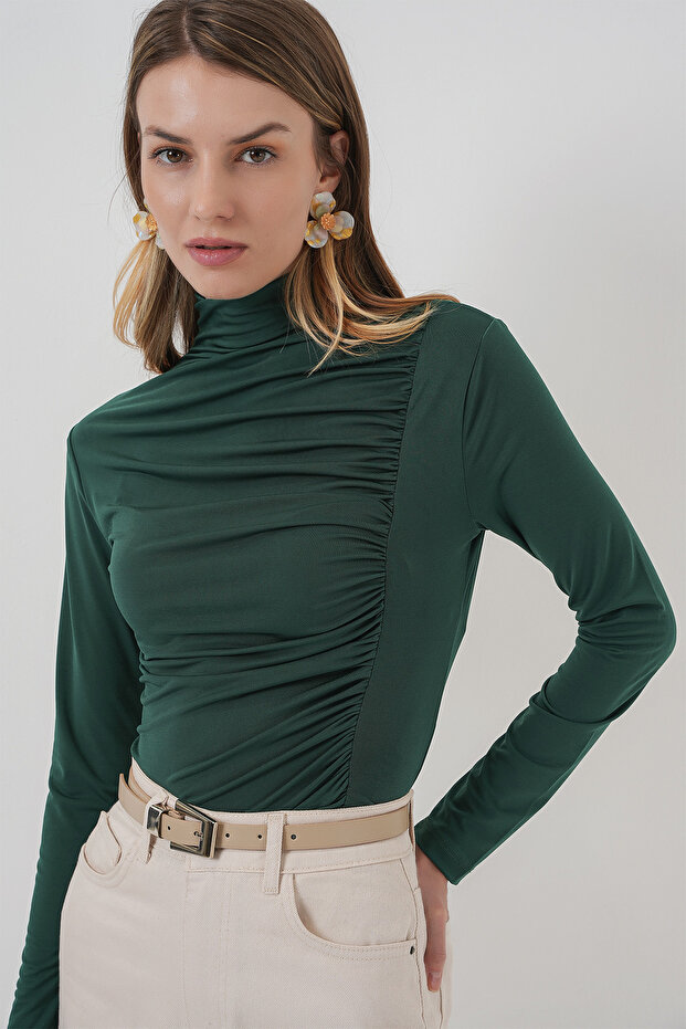 938 Gather Detailed Stand Collar Sandy Blouse - Emerald Green
