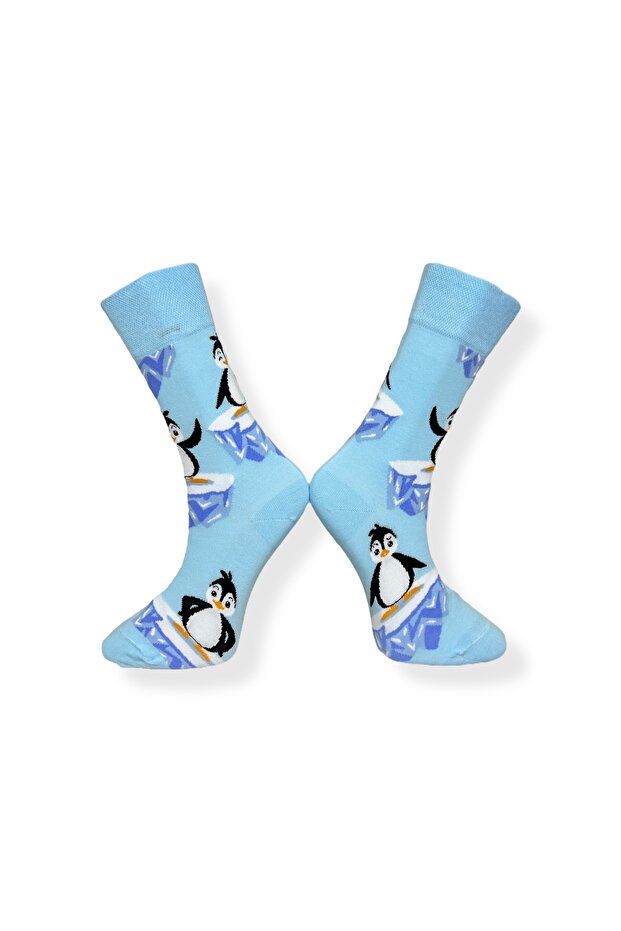 Tekli Unisex Penguen Desenli Mavi Renkli Esnek Nem Alabilen Pamuklu Çorap - 2