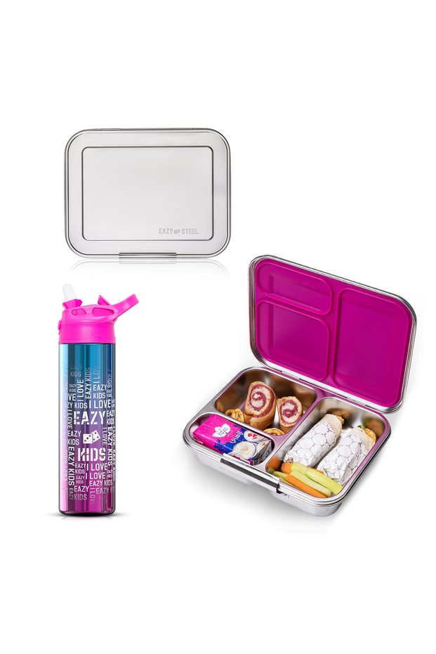 Eazy Kids 3 Compartment Bento Steel Lunch Box with Stainless Steel 530ml Water Bottle - Pink