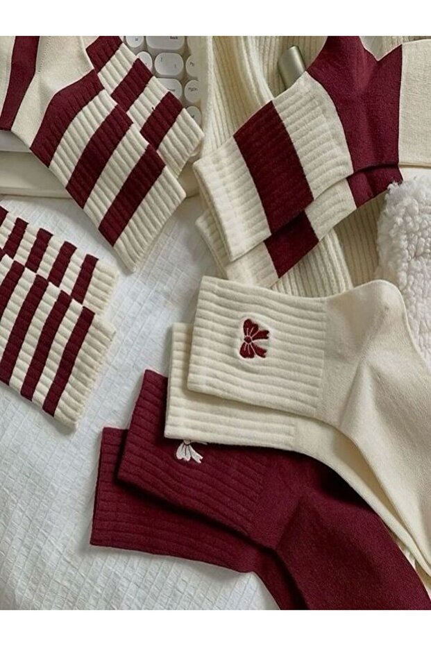 5 db gazdaságos csomag bordó-fehér csíkos szalag mintás uniszex teniszzokni készlet - 2