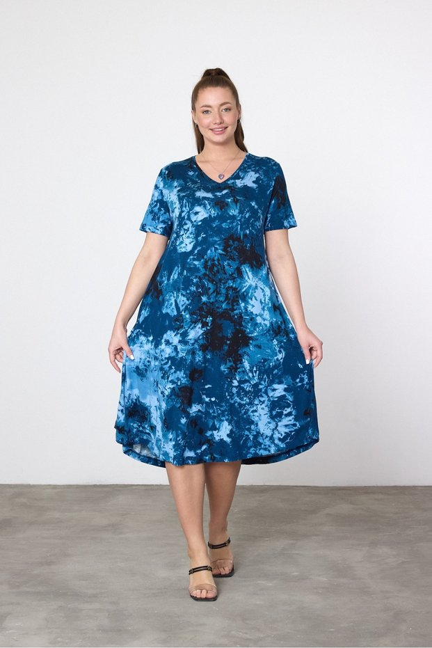 Women's Blue Tie Dye Print Short Sleeve Combed Cotton Dress