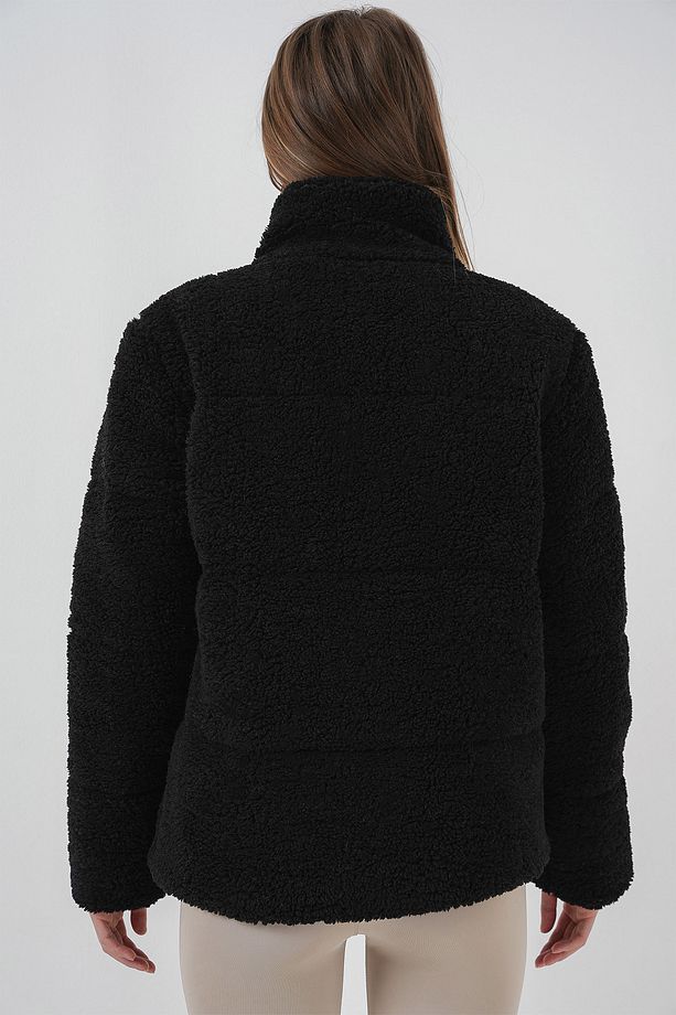 5178 Astarlı Peluş Mont - Siyah - 7