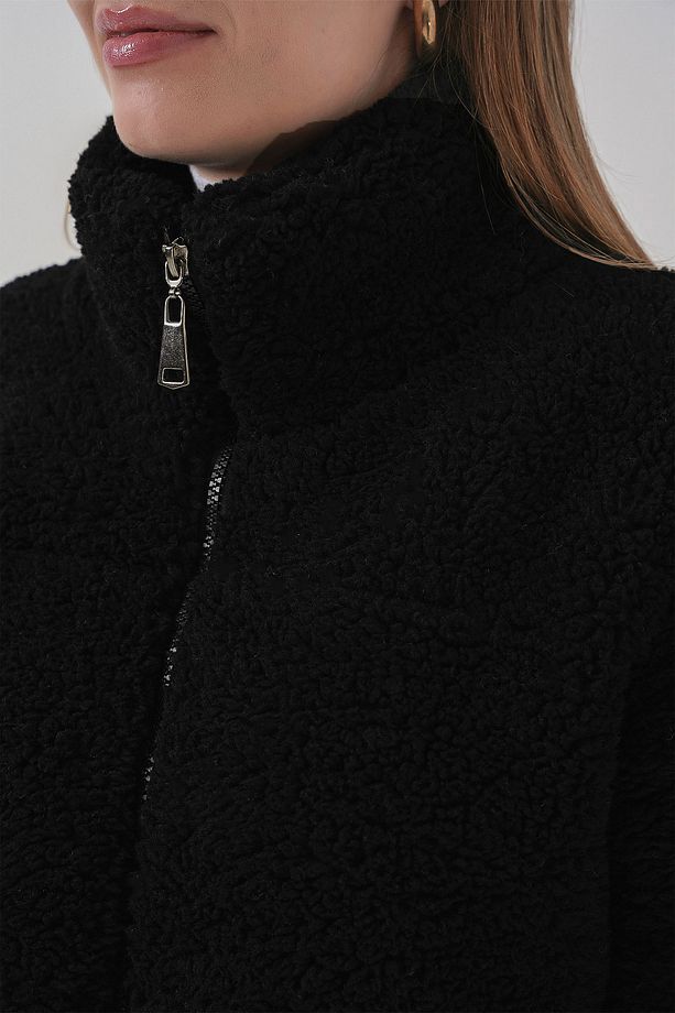 5178 Astarlı Peluş Mont - Siyah - 6