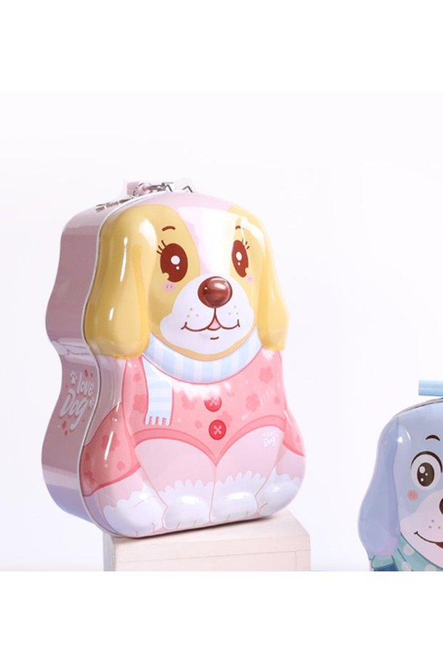 Cute Dog Metal Piggy Bank with Bag and Lock, Pink, 17X12-