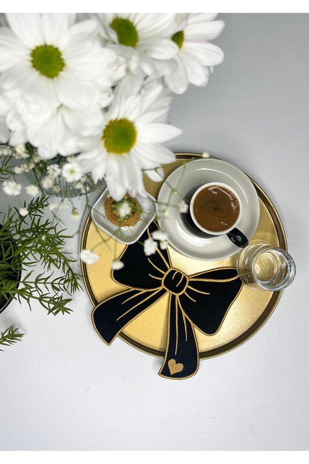 Black Background Gold Color Heart Pattern Embroidered Cocktail Napkin - 1 Piece