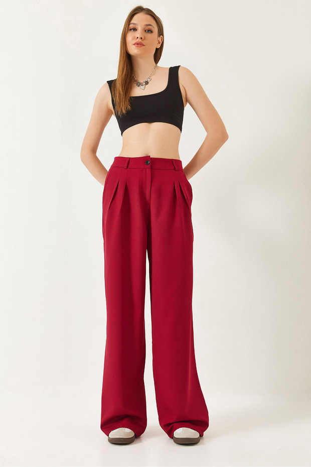 Women's Burgundy Wide Leg Masculine Woven Trousers 60271019