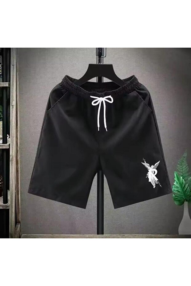 Women's Angel Patterned Bermuda Pocket Corded Comfortable Fit Black Shorts