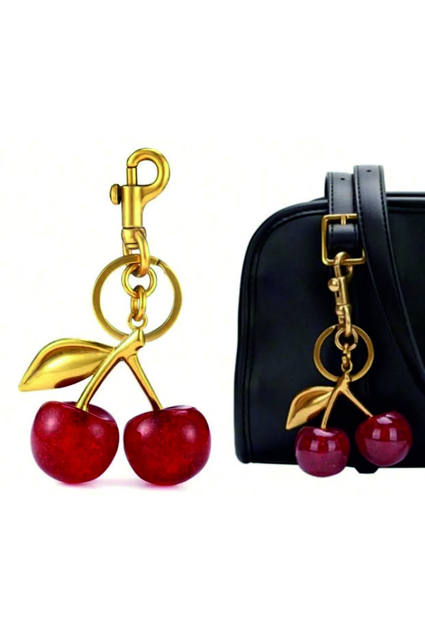 Cherry Large Size Matte Gold Detailed Red Viral Bag Charm Bag Ornament / Keychain
