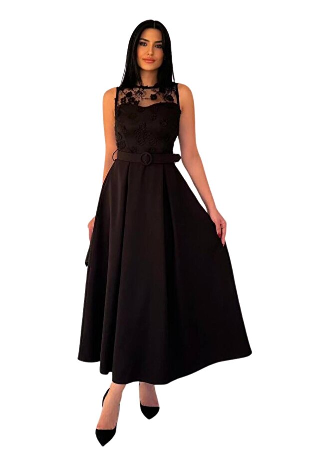 Women's evening dress - sleeveless, belted, with lace detail 8552