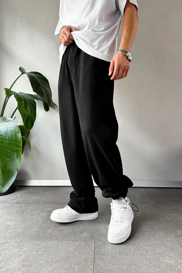 Yüksek Bel Unisex Basic Baggy Bol Kalıp Oversize Eşofman Altı Siyah Gri - 4