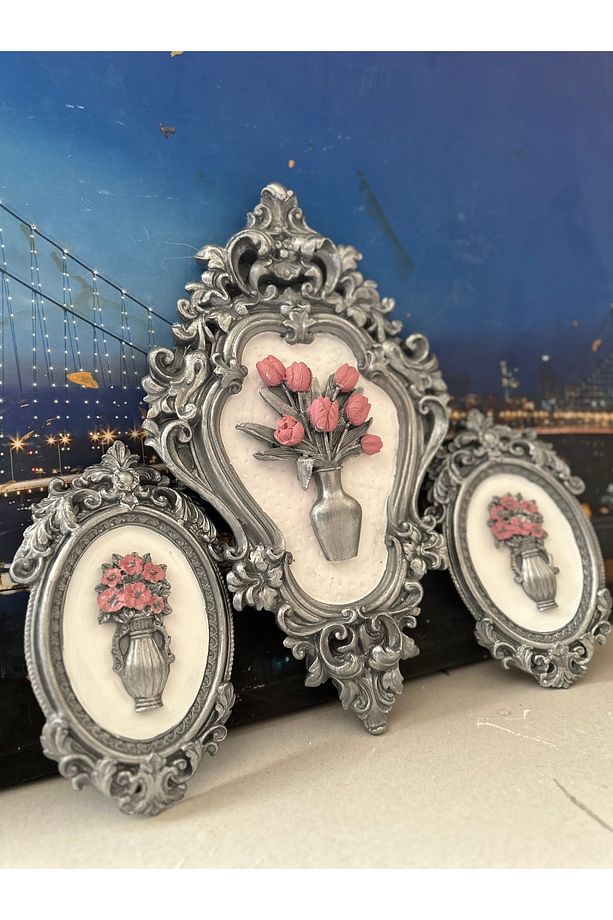 Çiçekli duvar tablosu el yapımı dekoratif tablo 3lü set - 2
